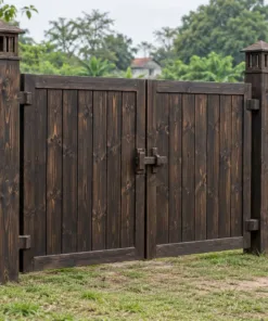 Cổng Gỗ Sân Vườn C63 - Hai Trụ Có Hộp Đèn Gỗ Trên Đỉnh, Gỗ Thông Màu Gỗ Cháy