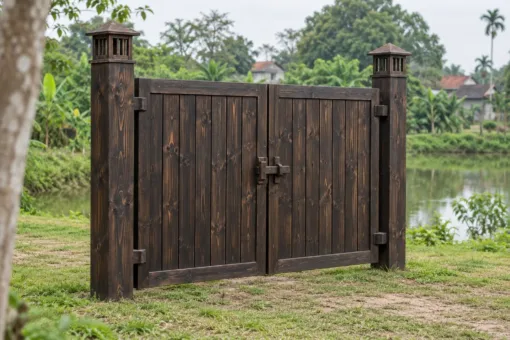 Cổng Gỗ Sân Vườn C63 - Hai Trụ Có Hộp Đèn Gỗ Trên Đỉnh, Gỗ Thông Màu Gỗ Cháy Cổng Gỗ Sân Vườn C63 - Hai Trụ Có Hộp Đèn Gỗ Trên Đỉnh, Gỗ Thông Màu Gỗ Cháy