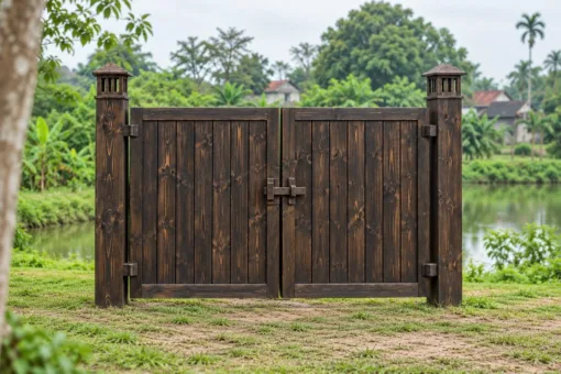 Cổng Gỗ Sân Vườn C63 - Hai Trụ Có Hộp Đèn Gỗ Trên Đỉnh, Gỗ Thông Màu Gỗ Cháy Cổng Gỗ Sân Vườn C63 - Hai Trụ Có Hộp Đèn Gỗ Trên Đỉnh, Gỗ Thông Màu Gỗ Cháy