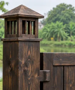 Cổng Gỗ Sân Vườn C63 - Hai Trụ Có Hộp Đèn Gỗ Trên Đỉnh, Gỗ Thông Màu Gỗ Cháy
