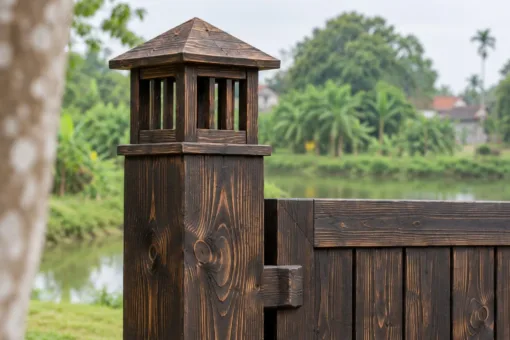 Cổng Gỗ Sân Vườn C63 - Hai Trụ Có Hộp Đèn Gỗ Trên Đỉnh, Gỗ Thông Màu Gỗ Cháy Cổng Gỗ Sân Vườn C63 - Hai Trụ Có Hộp Đèn Gỗ Trên Đỉnh, Gỗ Thông Màu Gỗ Cháy