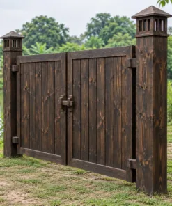Cổng Gỗ Sân Vườn C63 - Hai Trụ Có Hộp Đèn Gỗ Trên Đỉnh, Gỗ Thông Màu Gỗ Cháy