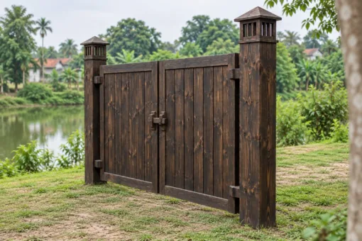 Cổng Gỗ Sân Vườn C63 - Hai Trụ Có Hộp Đèn Gỗ Trên Đỉnh, Gỗ Thông Màu Gỗ Cháy Cổng Gỗ Sân Vườn C63 - Hai Trụ Có Hộp Đèn Gỗ Trên Đỉnh, Gỗ Thông Màu Gỗ Cháy