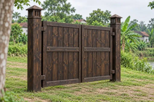 Cổng Gỗ Sân Vườn C63 - Hai Trụ Có Hộp Đèn Gỗ Trên Đỉnh, Gỗ Thông Màu Gỗ Cháy Cổng Gỗ Sân Vườn C63 - Hai Trụ Có Hộp Đèn Gỗ Trên Đỉnh, Gỗ Thông Màu Gỗ Cháy