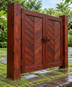 Cổng Gỗ Sân Vườn C64 - Hai Cánh Ván Ghép Xương Cá, Gỗ Thông Màu Nâu Đỏ