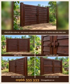 Cổng Gỗ Sân Vườn C65 - Ván Ngang Chồng Mí Kiểu Vách Nhà, Gỗ Thông Màu Nâu Cánh Gián