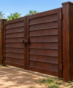 Cổng Gỗ Sân Vườn C65 - Ván Ngang Chồng Mí Kiểu Vách Nhà, Gỗ Thông Màu Nâu Cánh Gián