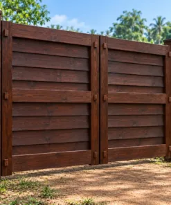 Cổng Gỗ Sân Vườn C65 - Ván Ngang Chồng Mí Kiểu Vách Nhà, Gỗ Thông Màu Nâu Cánh Gián
