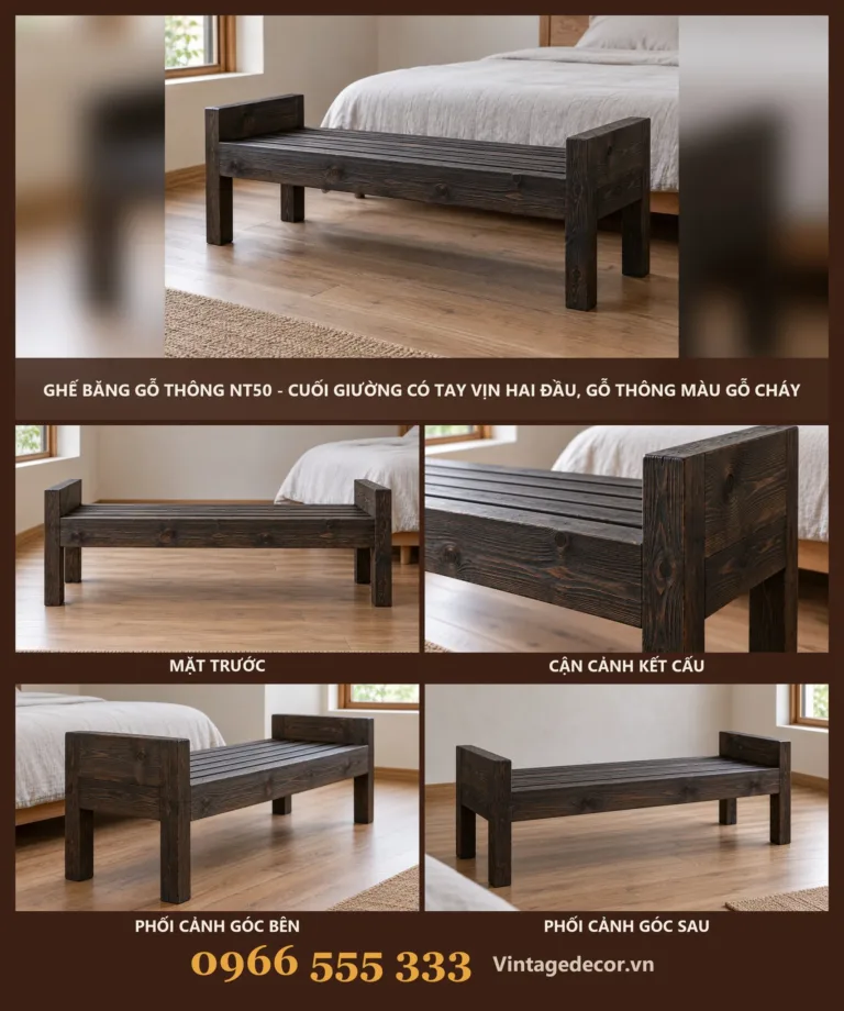 Ghế Băng Gỗ NT50 Cuối Giường Có Tay Vịn