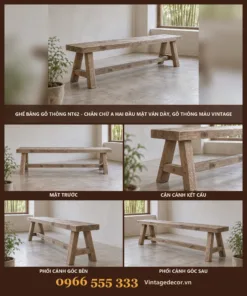 Ghế Băng Gỗ Thông NT62 - Chân Chữ A Hai Đầu Mặt Ván Dày, Gỗ Thông Màu Vintage