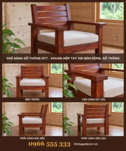 Ghế Bành Gỗ Thông NT7 - Khung Hộp Tay Vịn Bản Rộng, Gỗ Thông