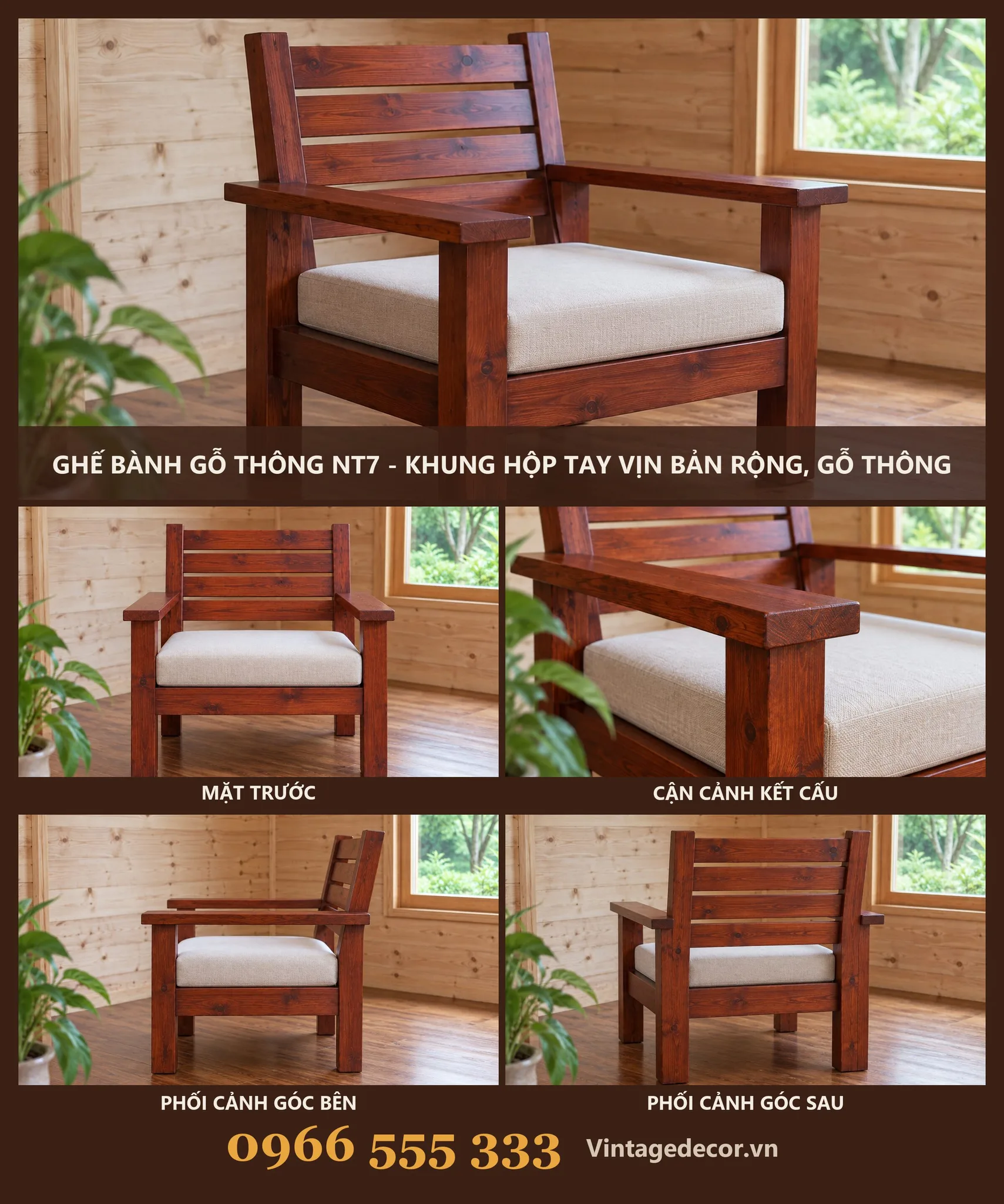 Ghế Bành Gỗ NT7 Tay Vịn Bản Rộng