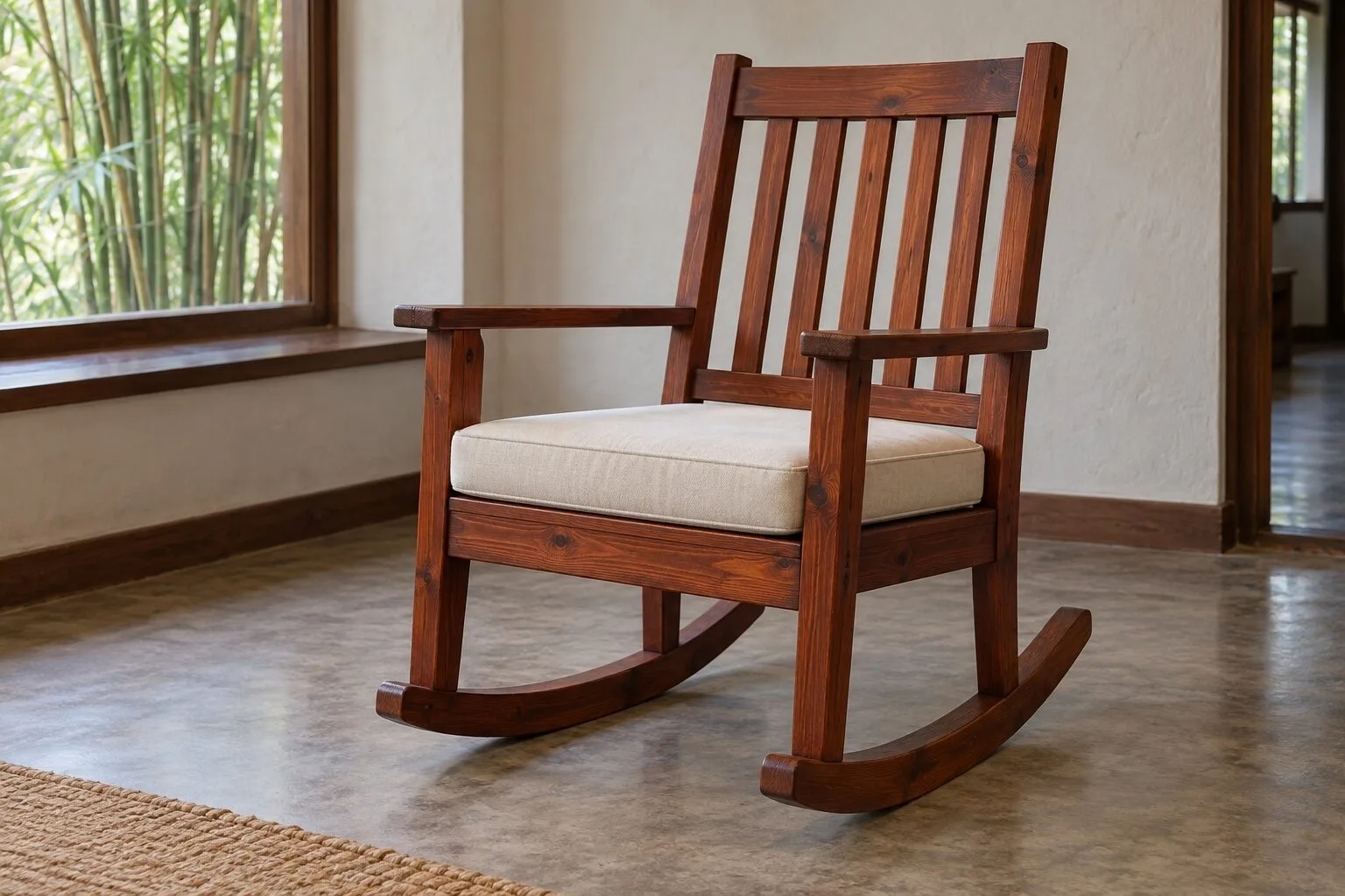 Ghế bập bênh gỗ NT20 nâu đỏ lưng nan đứng, nệm kem, hai thanh đu cong, cạnh cửa sổ nhìn ra rặng tre