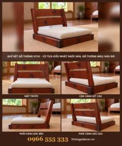 Ghế bệt NT42 có tựa kiểu Nhật – ảnh ghép mặt trước, cận lưng, góc bên, góc sau