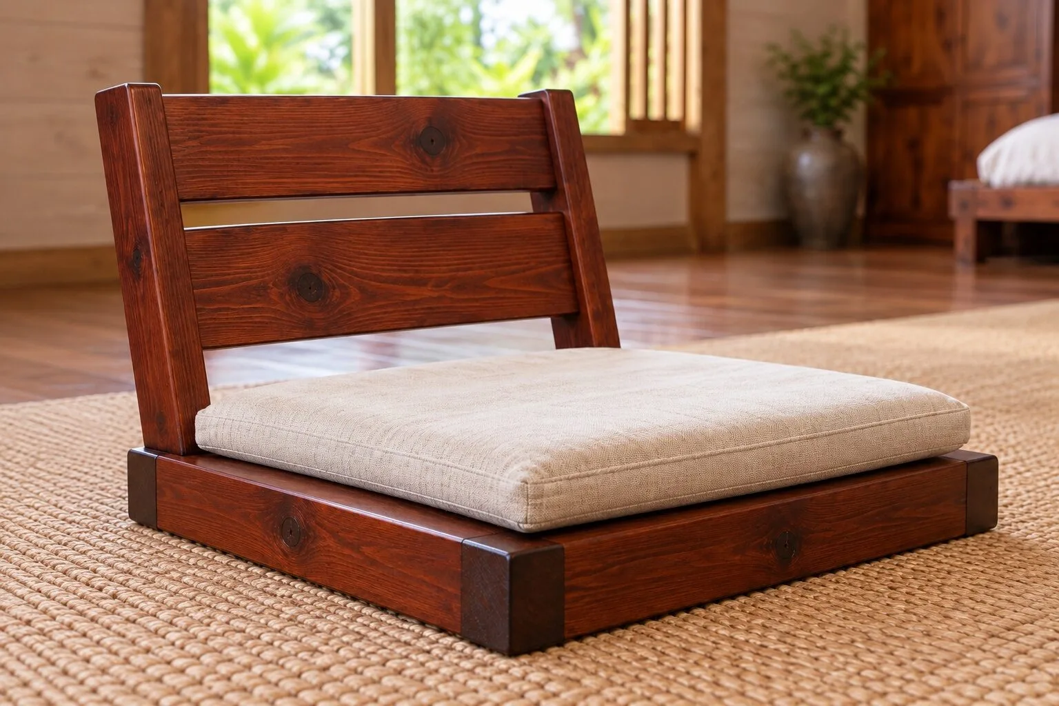 Ghế bệt gỗ nâu đỏ kiểu Nhật, đế thấp đặt trên chiếu cói, nệm ngồi kem, tựa hai thanh ván