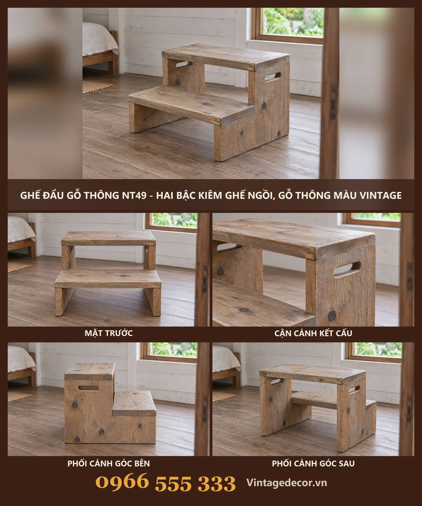 Ghế Đẩu Gỗ NT49 Hai Bậc Kiêm Ghế Ngồi