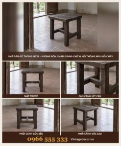 Ghế Đẩu Gỗ Thông NT59 - Vuông Bốn Chân Giằng Chữ H, Gỗ Thông Màu Gỗ Cháy