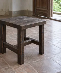Ghế Đẩu Gỗ Thông NT59 - Vuông Bốn Chân Giằng Chữ H, Gỗ Thông Màu Gỗ Cháy