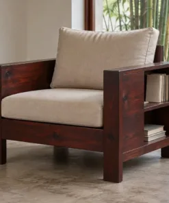 Ghế Đọc Sách Gỗ Thông NT69 - Tay Vịn Liền Kệ Sách Bên Hông, Gỗ Thông Màu Nâu Cánh Gián
