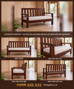 Ghế Đôi Gỗ Thông NT52 - Hai Chỗ Lưng Nan Đứng Nệm Rời, Gỗ Thông Màu Nâu Cánh Gián