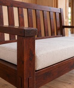 Ghế Đôi Gỗ Thông NT52 - Hai Chỗ Lưng Nan Đứng Nệm Rời, Gỗ Thông Màu Nâu Cánh Gián