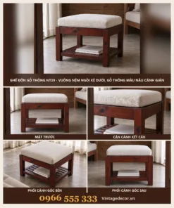 Ghế Đôn Gỗ Thông NT39 - Vuông Nệm Ngồi Kệ Dưới, Gỗ Thông Màu Nâu Cánh Gián