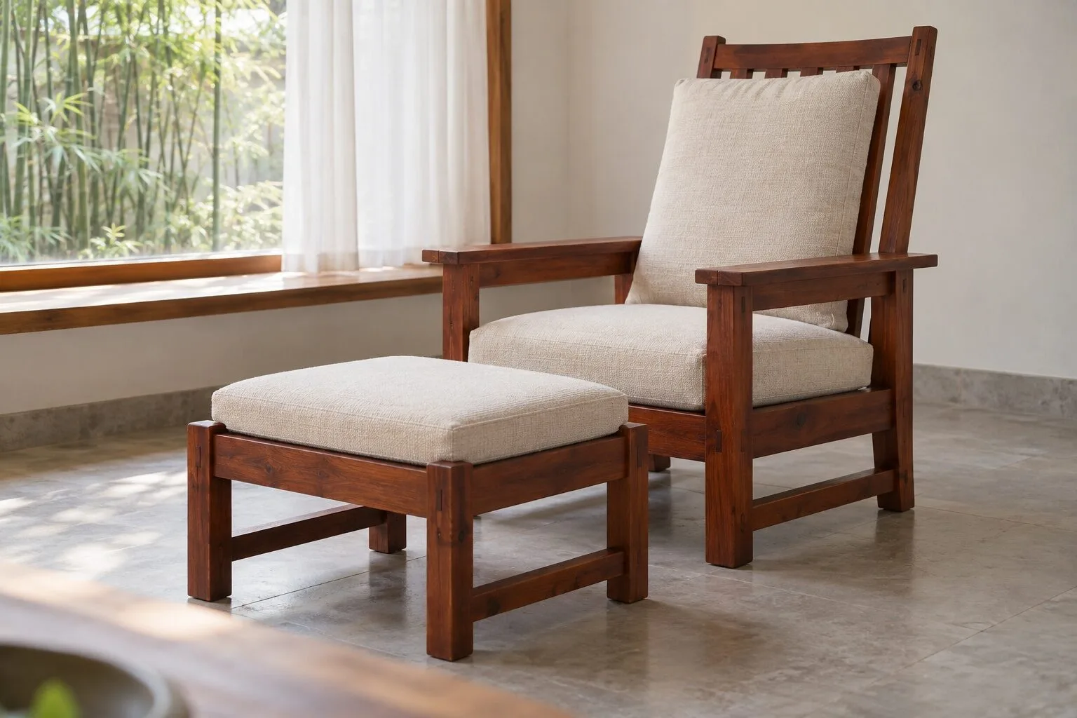 Ghế đọc sách NT13 lưng cao nan dọc, nệm kem, đôn gác chân cùng bộ đặt phía trước