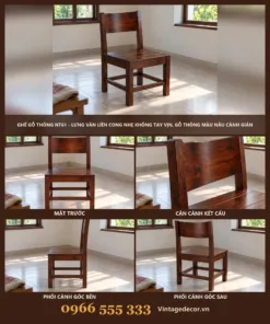 Ghế Gỗ Thông NT61 - Lưng Ván Liền Cong Nhẹ Không Tay Vịn, Gỗ Thông Màu Nâu Cánh Gián