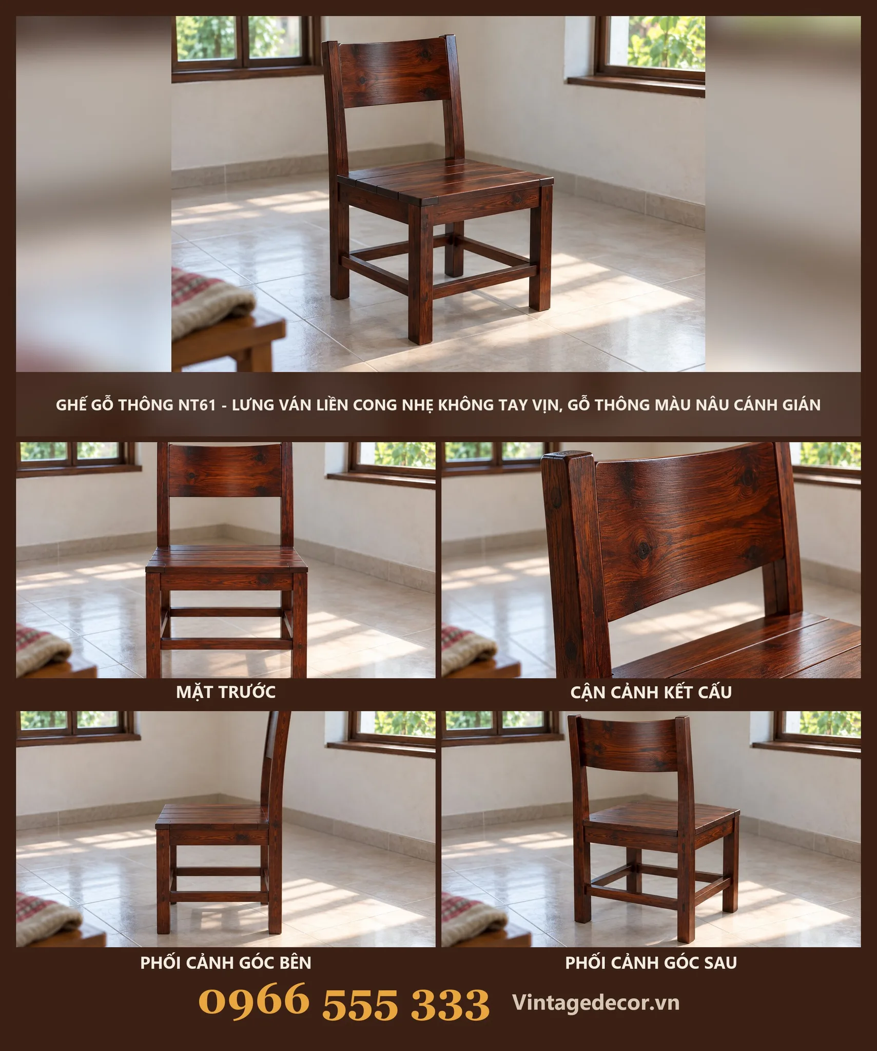 Ghế Gỗ NT61 Lưng Ván Liền Cong Nhẹ