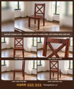 Ghế Gỗ Thông NT68 - Lưng Chữ X Hai Thanh Chéo, Gỗ Thông Màu Nâu Đỏ
