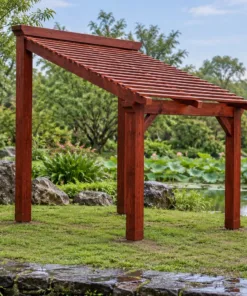 Giàn P34 nâu đỏ mái nan nghiêng, cột sau cao cột trước thấp, cạnh hồ sen