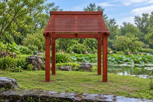 Giàn Hoa Pergola P34 - Mái Nan Dốc Một Phía Cao Thấp, Gỗ Thông Giàn P34 nhìn thẳng phía cột thấp, nan xếp sát