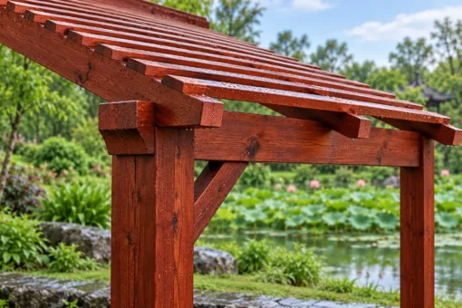 Giàn Hoa Pergola P34 - Mái Nan Dốc Một Phía Cao Thấp, Gỗ Thông Giàn P34 – cận cảnh dầm xiên ăn mộng vào dầm ngang, chống xiên ở cột thấp