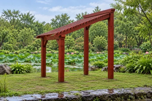Giàn Hoa Pergola P34 - Mái Nan Dốc Một Phía Cao Thấp, Gỗ Thông Giàn P34 – nhìn ngang, khung hình thang vuông, mặt nan dốc đều