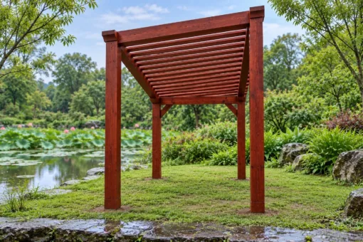 Giàn Hoa Pergola P34 - Mái Nan Dốc Một Phía Cao Thấp, Gỗ Thông Giàn P34 – nhìn từ phía cột cao, thanh đầu đỡ hai dầm xiên