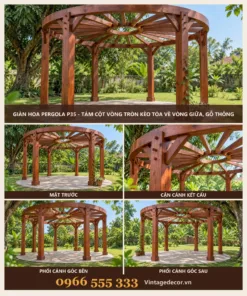 Giàn hoa pergola P35 tám cột vòng tròn – ảnh ghép mặt trước, kết cấu, góc bên, góc sau