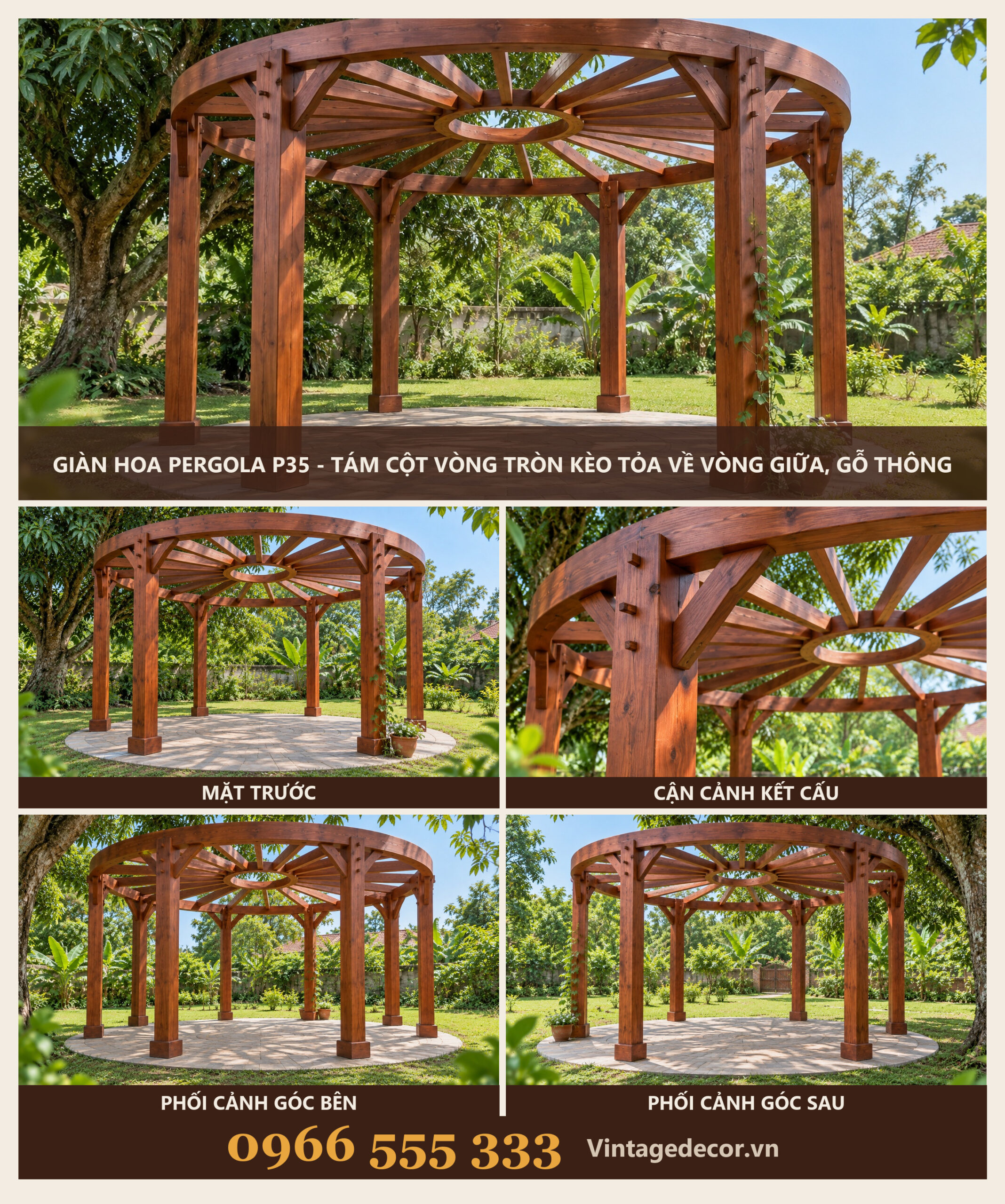 Giàn Hoa Pergola P35 - Tám Cột Vòng Tròn Kèo Tỏa Về Vòng Giữa, Gỗ Thông Giàn Hoa Pergola P35 - Tám Cột Vòng Tròn Kèo Tỏa Về Vòng Giữa, Gỗ Thông