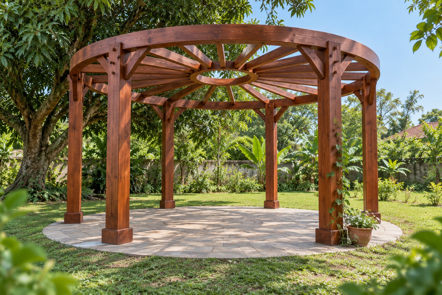 Giàn Hoa Pergola P35 - Tám Cột Vòng Tròn Kèo Tỏa Về Vòng Giữa, Gỗ Thông Giàn Hoa Pergola P35 - Tám Cột Vòng Tròn Kèo Tỏa Về Vòng Giữa, Gỗ Thông
