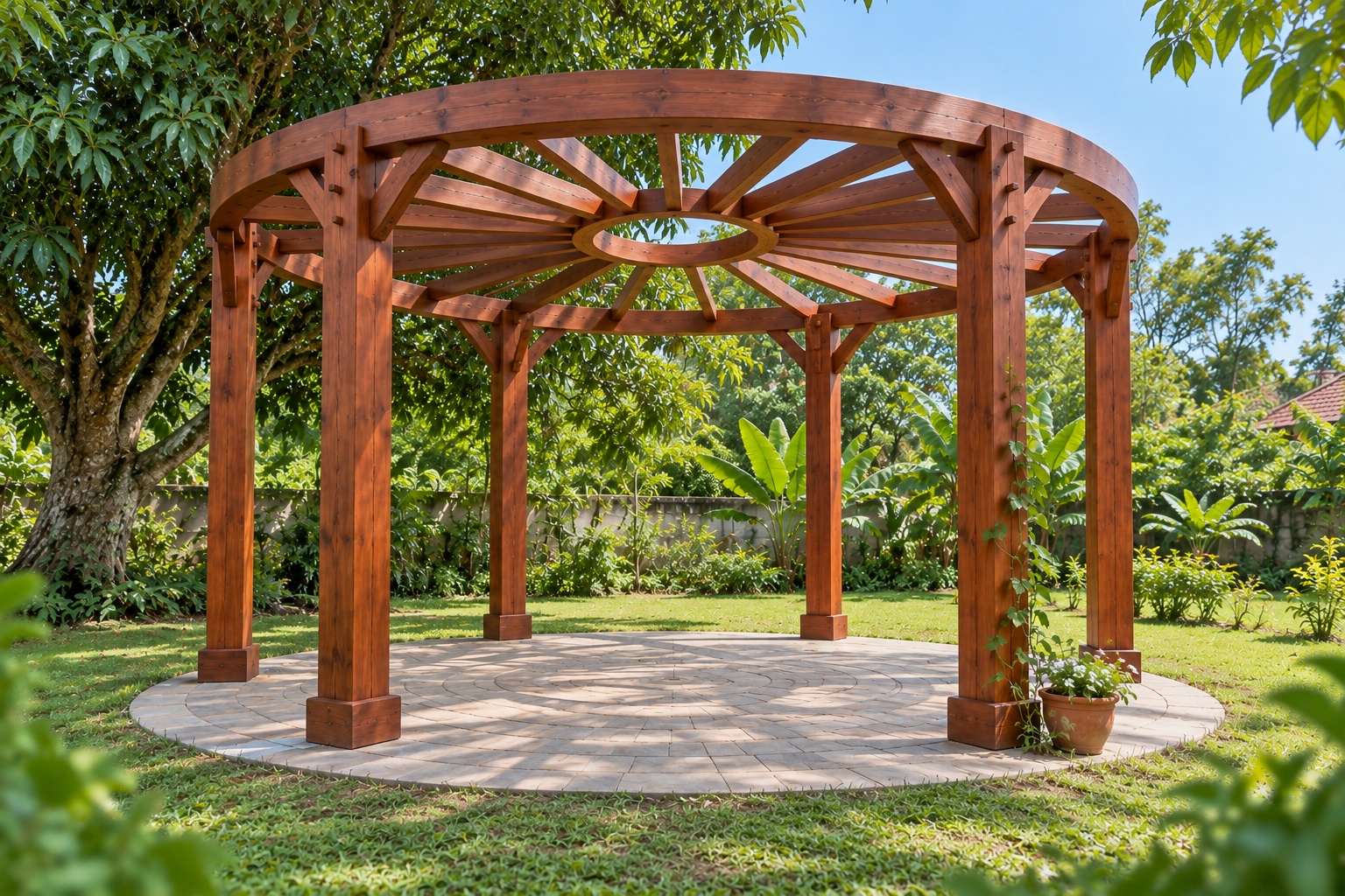 Giàn Hoa Pergola P35 - Tám Cột Vòng Tròn Kèo Tỏa Về Vòng Giữa, Gỗ Thông Giàn Hoa Pergola P35 - Tám Cột Vòng Tròn Kèo Tỏa Về Vòng Giữa, Gỗ Thông