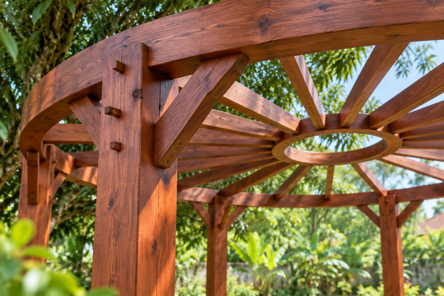 Giàn Hoa Pergola P35 - Tám Cột Vòng Tròn Kèo Tỏa Về Vòng Giữa, Gỗ Thông Giàn Hoa Pergola P35 - Tám Cột Vòng Tròn Kèo Tỏa Về Vòng Giữa, Gỗ Thông