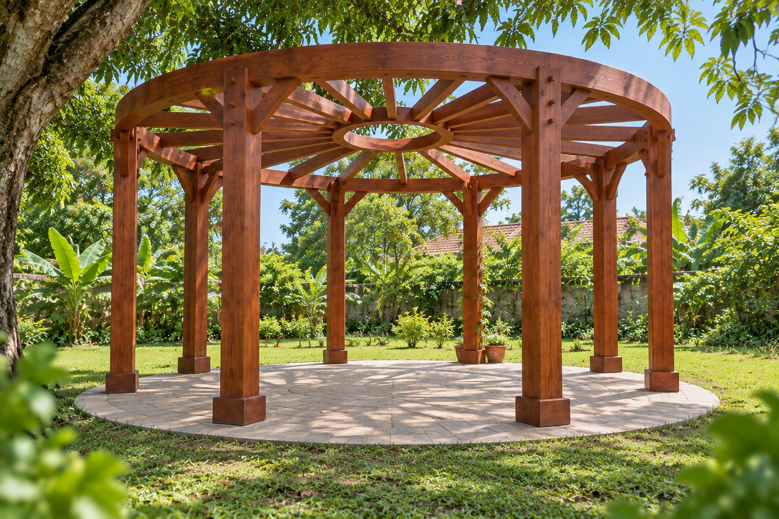 Giàn Hoa Pergola P35 - Tám Cột Vòng Tròn Kèo Tỏa Về Vòng Giữa, Gỗ Thông Giàn Hoa Pergola P35 - Tám Cột Vòng Tròn Kèo Tỏa Về Vòng Giữa, Gỗ Thông