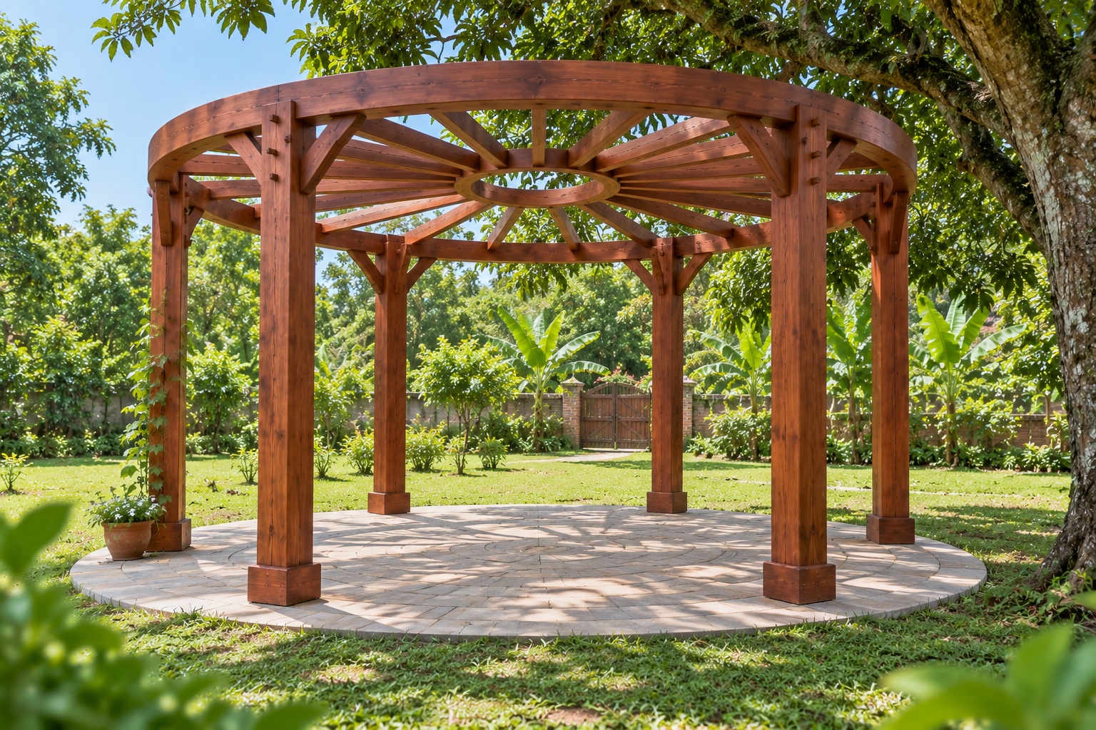 Giàn Hoa Pergola P35 - Tám Cột Vòng Tròn Kèo Tỏa Về Vòng Giữa, Gỗ Thông Giàn Hoa Pergola P35 - Tám Cột Vòng Tròn Kèo Tỏa Về Vòng Giữa, Gỗ Thông