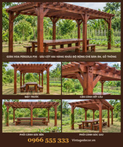 Giàn Hoa Pergola P36 - Sáu Cột Hai Hàng Khẩu Độ Rộng Che Bàn Ăn, Gỗ Thông
