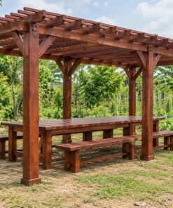Giàn Hoa Pergola P36 - Sáu Cột Hai Hàng Khẩu Độ Rộng Che Bàn Ăn, Gỗ Thông