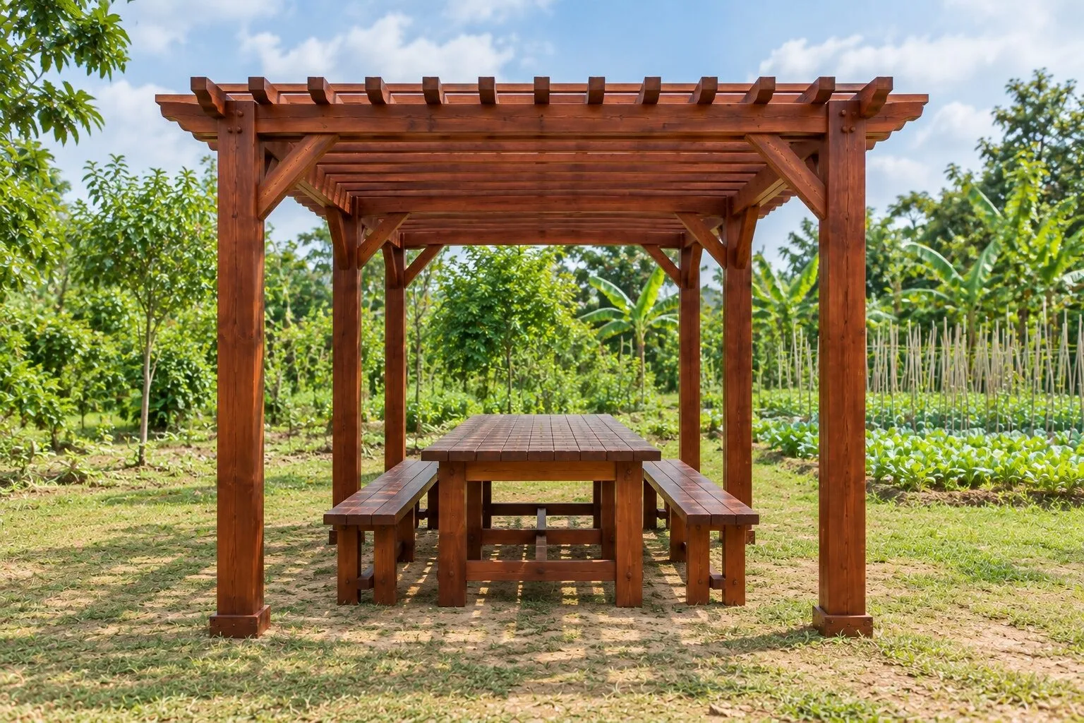 Giàn pergola P36 nhìn thẳng đầu giàn: bàn gỗ dài giữa hai hàng cột nâu đỏ, hai ghế băng, vườn rau phía sau