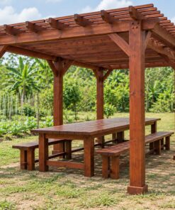 Giàn Hoa Pergola P36 - Sáu Cột Hai Hàng Khẩu Độ Rộng Che Bàn Ăn, Gỗ Thông