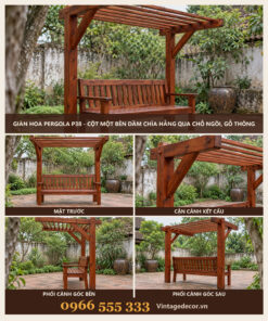 Giàn Hoa Pergola P38 - Cột Một Bên Dầm Chìa Hẫng Qua Chỗ Ngồi, Gỗ Thông