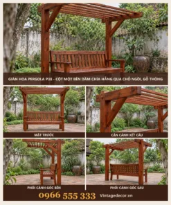 Giàn hoa pergola P38 cột một bên dầm chìa – ảnh ghép mặt trước, kết cấu, góc bên, góc sau