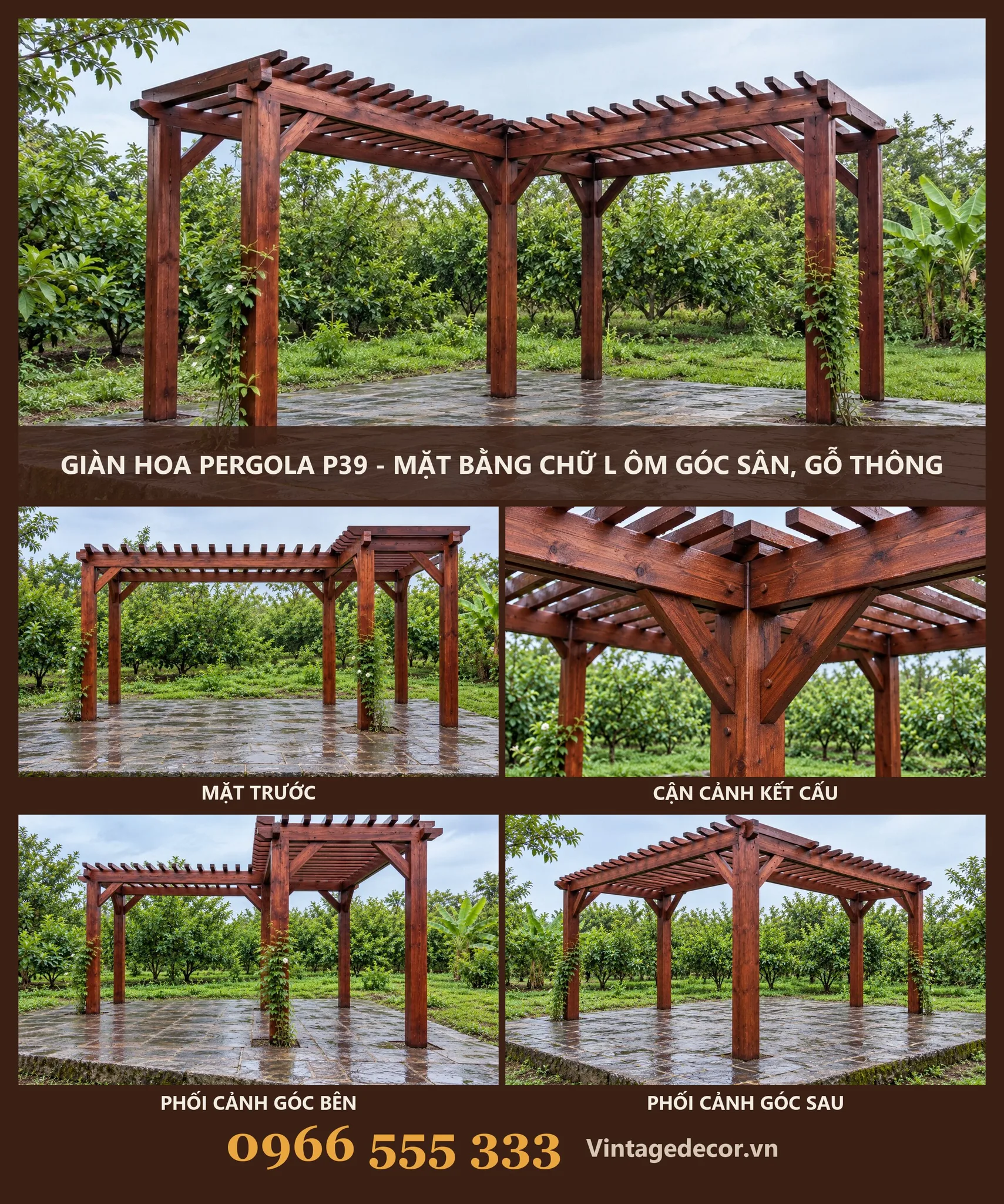 Giàn Hoa Pergola P39 - Mặt Bằng Chữ L Ôm Góc Sân, Gỗ Thông