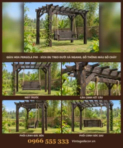 Giàn hoa pergola P40 xích đu treo xà ngang – ảnh ghép mặt trước, kết cấu, góc bên, góc sau
